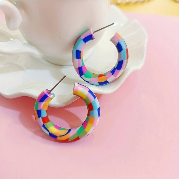 Colorful‎ Hoop Earrings Funky Statement Earrings Checkered Jewelry - Picture 1 of 3